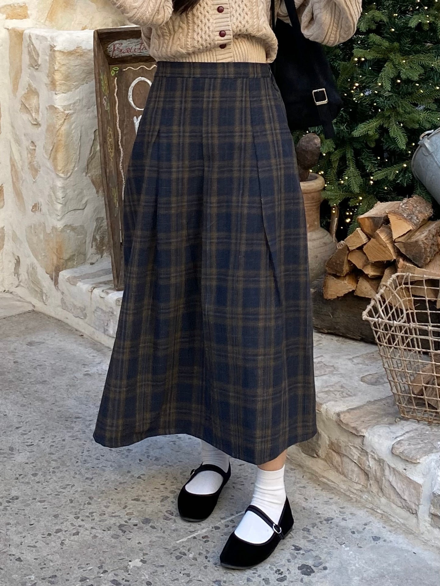 Wool Check Long Skirt